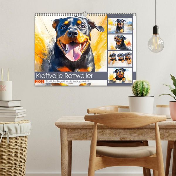 Produktbild: Kraftvolle Rottweiler. Stattliche Begleithunde im Aquarell-Stil (Wandkalender 2026 DIN A3 quer), CALVENDO Monatskalender