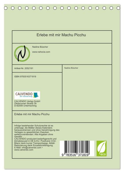 Produktbild: Erlebe mit mir Machu Picchu (Tischkalender 2026 DIN A5 hoch), CALVENDO Monatskalender