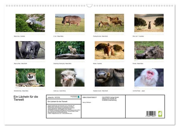 Produktbild: Ein L&auml;cheln f&uuml;r die Tierwelt (Wandkalender 2026 DIN A2 quer), CALVENDO Monatskalender
