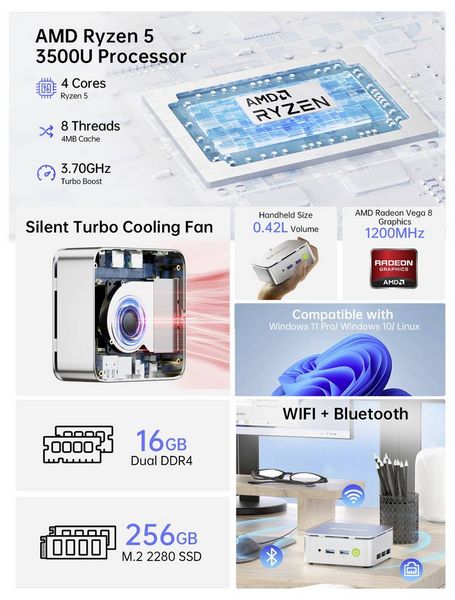 Produktbild: GMKtec Mini PC NucBox G10 AMD Ryzen 5 3500U 3.7 GHz 16 GB RAM 256 GB SSD AMD Radeon&trade; Vega 8 Win 11 Pro G10