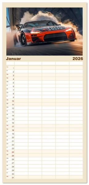 Produktbild: Familienplaner 2026 - Fantasievolle Rennautos - Im Rausch der Geschwindigkeit mit 5 Spalten (Wandkalender, 21 x 45 cm) CALVENDO