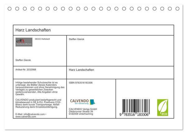 Produktbild: Harz Landschaften (Tischkalender 2026 DIN A5 quer), CALVENDO Monatskalender