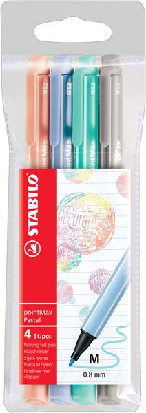 Produktbild: STABILO Filzschreiber -   pointMax - 4er Pack - Pastellfarben - kobaltblau hell, eisgr&uuml;n, hellrosa, hellgrau