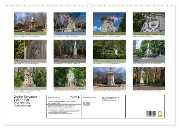 Produktbild: Gro&szlig;er Tiergarten Berlin - Von Dichtern und Komponisten (Wandkalender 2026 DIN A2 quer), CALVENDO Monatskalender