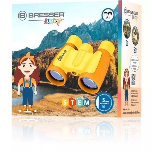 Produktbild: Bresser Junior 8880330 - Kinderfernglas 3x30, 3-fache Vergr&ouml;&szlig;erung, 30mm Objektiv, mit Tasche, Tragriemen und Reinigungstuch, gelb, STEM