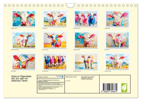 Produktbild: K&uuml;he im &Ouml;lgem&auml;lde-Stil. Ein Jahr mit lieblichen Tieren (Wandkalender 2026 DIN A4 quer), CALVENDO Monatskalender