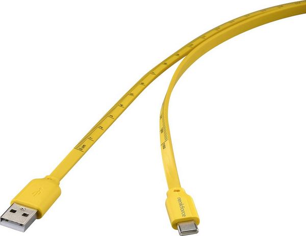 Produktbild: Renkforce USB-Kabel USB 2.0 USB-C&reg; Stecker, USB-A Stecker 1.00 m Gelb Ma&szlig;-Aufdruck (metrisch) RF-6721076