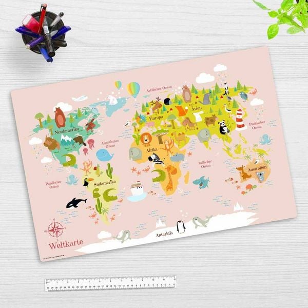Produktbild: Cover-your-desk Schreibtischunterlage f&uuml;r Kinder Weltkarte in rosa f&uuml;r Kinder, aus hochwertigem Vinyl, 60 x 40 cm
