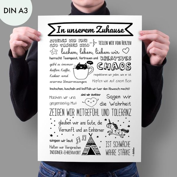 Produktbild: Poster: Unser Zuhause / Familienregeln (Bildgr&ouml;&szlig;e DIN A3, schwarz-wei&szlig;)