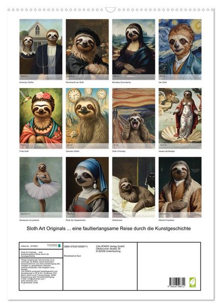 Produktbild: Sloth Art Originals ... eine faultierlangsame Reise durch die Kunstgeschichte (Wandkalender 2026 DIN A2 hoch), CALVENDO Monatskalender
