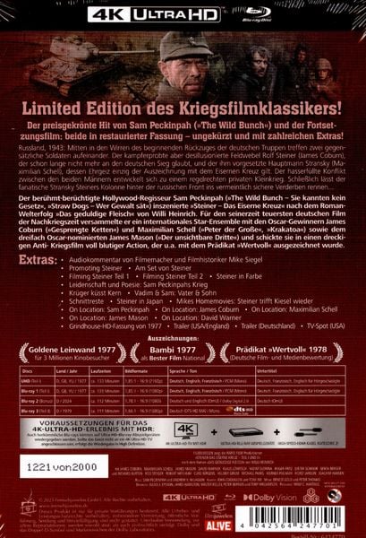 Produktbild: Steiner - Das Eiserne Kreuz - Teil 1+2 - 4-Disc Limited Edition Mediabook (4K Ultra HD / 2 Blu-rays / Bonus-Blu-ray)