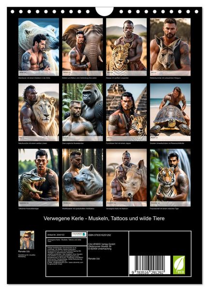 Produktbild: Verwegene Kerle - Muskeln, Tattoos und wilde Tiere (Wandkalender 2026 DIN A4 hoch), CALVENDO Monatskalender