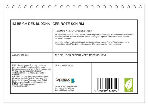 Produktbild: IM REICH DES BUDDHA - DER ROTE SCHIRM (Tischkalender 2027 DIN A5 quer), CALVENDO Monatskalender