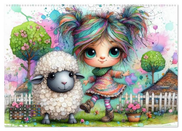 Produktbild: Kunterbunte Freundschaften - Fr&ouml;hliche M&auml;dchen und ihre tierischen Freunde (hochwertiger Premium Wandkalender 2026 DIN A2 quer), Kunstdruck in Hochglanz