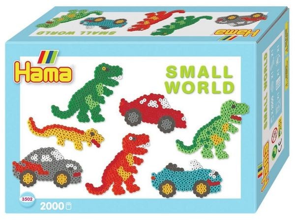 Produktbild: Hama 3502 - B&uuml;gelperlen Midi - Geschenkpackung, kleine Welt Dinosaurier & Auto blau
