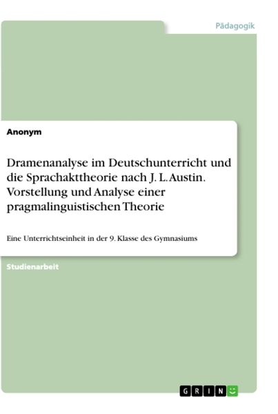 Produktbild: Dramenanalyse im Deutschunterricht und die Sprachakttheorie nach J. L. Austin. Vorstellung und Analyse einer pragmalinguistischen Theorie