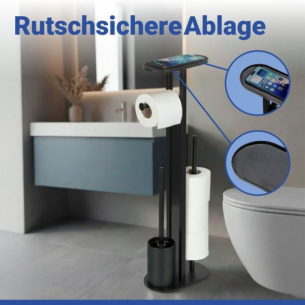 Produktbild: Stand WC-Garnitur Mod. Orea Schwarz, mit Ablagefl&auml;che und Ersatzrollenhalter