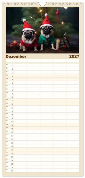 Produktbild: Familienplaner 2027 - Lustige Mops-Hunde: Die charmanten Meister von Chaos und Unfug mit 5 Spalten (Wandkalender, 21 x 45 cm) CALVENDO