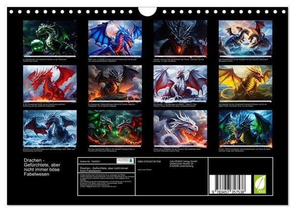 Produktbild: Drachen - Gef&uuml;rchtete, aber nicht immer b&ouml;se Fabelwesen (Wandkalender 2026 DIN A4 quer), CALVENDO Monatskalender