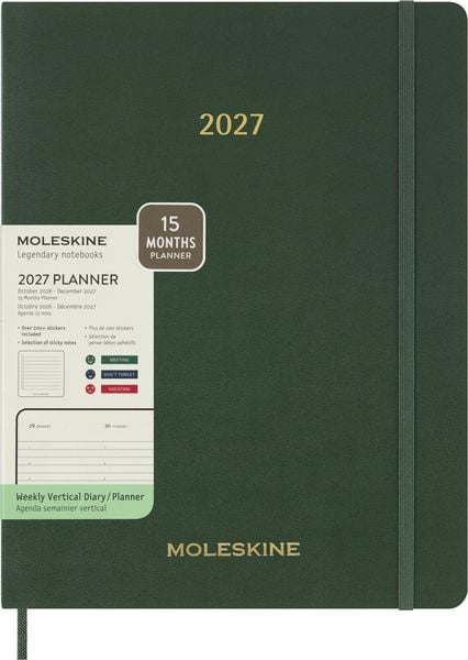 Produktbild: Moleskine 15 Monate Essential Wochenkalender 2026/2027, 1 Wo = 2 Seiten, vertikal, XXL, weicher Einband, Myrtengr&uuml;n