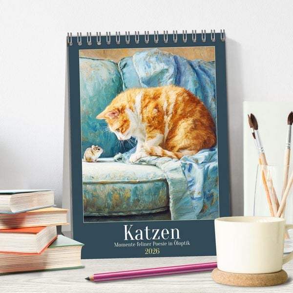 Produktbild: Katzen. Momente feliner Poesie in &Ouml;loptik (Tischkalender 2026 DIN A5 hoch), CALVENDO Monatskalender