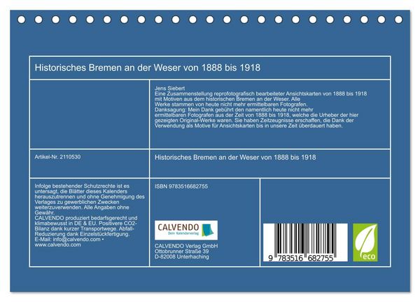 Produktbild: Historisches Bremen an der Weser von 1888 bis 1918 (Tischkalender 2026 DIN A5 quer), CALVENDO Monatskalender