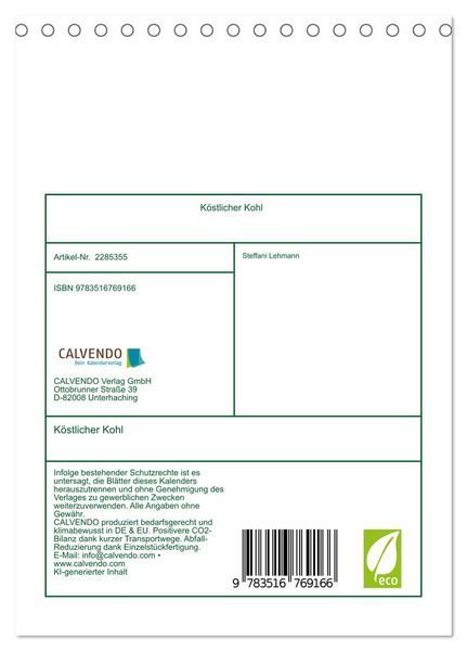 Produktbild: K&ouml;stlicher Kohl (Tischkalender 2027 DIN A5 hoch), CALVENDO Monatskalender