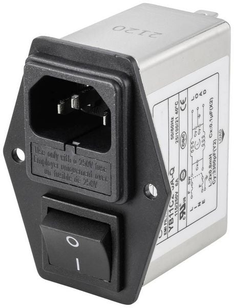 TRU COMPONENTS TC-10101460 Netzfilter mit Kaltgerätebuchse, mit Schalter, mit 2 Sicherungen 250 V/AC 6 A 0.8 mH 1 St.