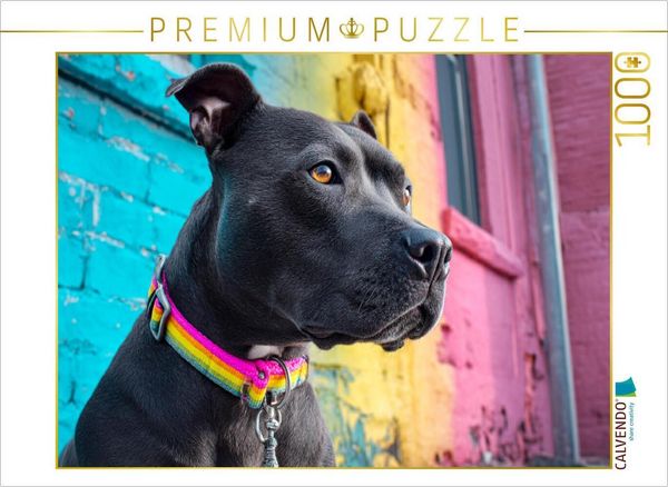 CALVENDO Puzzle Pit Bull mit buntem Halsband | 1000 Teile Lege-Größe 64x48cm Foto-Puzzle für glückliche Stunden