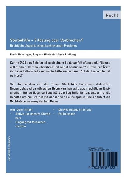 Produktbild: Sterbehilfe - Erl&ouml;sung oder Verbrechen? Rechtliche Aspekte eines kontroversen Problems