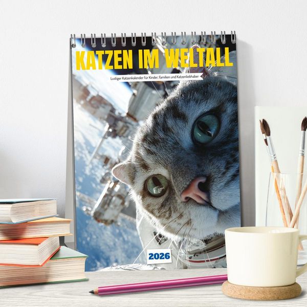 Produktbild: Katzen im Weltall - lustiger Katzenkalender f&uuml;r Kinder, Familien und Katzenliebhaber (Tischkalender 2026 DIN A5 hoch), CALVENDO Monatskalender