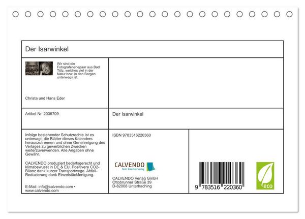 Produktbild: Der Isarwinkel (Tischkalender 2026 DIN A5 quer), CALVENDO Monatskalender