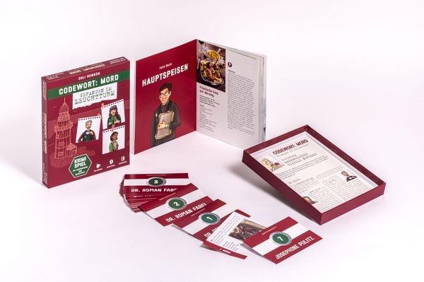 Codewort: Mord. Gefangen im Leuchtturm. Krimidinner-Rollenspiel und Kochbuch. Für 6 Spieler ab 12 Jahren.