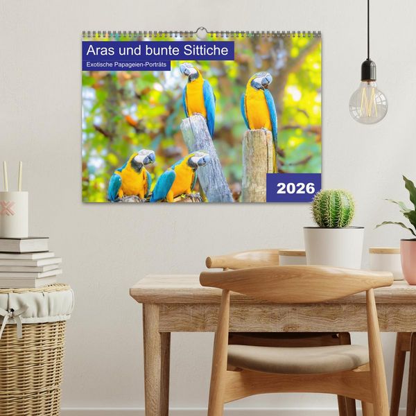 Produktbild: Aras und bunte Sittiche: Exotische Papageien-Portr&auml;ts (Wandkalender 2026 DIN A3 quer), CALVENDO Monatskalender