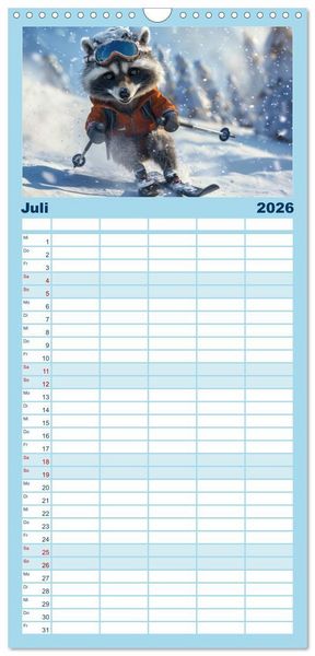Produktbild: Familienplaner 2026 - Tierisch lustige Skifahrer mit 5 Spalten (Wandkalender, 21 x 45 cm) CALVENDO