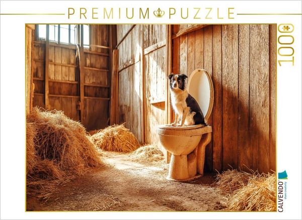 Produktbild: CALVENDO Puzzle Kackender Hund im Stall - Lustiger Aussie auf dem stillen &Ouml;rtchen | 1000 Teile Lege-Gr&ouml;&szlig;e 64x48cm Foto-Puzzle f&uuml;r gl&uuml;ckliche Stunden