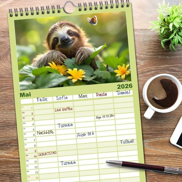 Produktbild: Familienplaner 2026 - Faultiere - entspannt durchs Jahr mit 5 Spalten (Wandkalender, 21 x 45 cm) CALVENDO