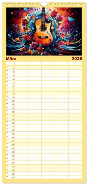 Produktbild: Familienplaner 2026 - Sechs Saiten, Zw&ouml;lf Monate - Der Gitarrenkalender mit 5 Spalten (Wandkalender, 21 x 45 cm) CALVENDO