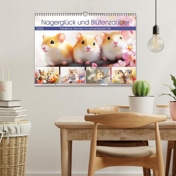 Produktbild: Nagergl&uuml;ck und Bl&uuml;tenzauber. Niedliche Tierchen im romantischen Stil (Wandkalender 2026 DIN A3 quer), CALVENDO Monatskalender