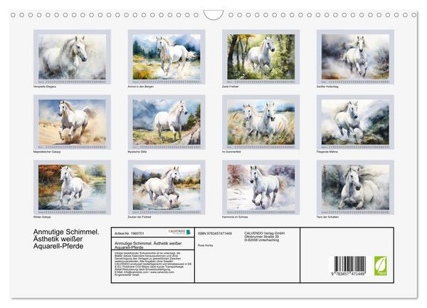 Produktbild: Anmutige Schimmel. &Auml;sthetik wei&szlig;er Aquarell-Pferde (Wandkalender 2026 DIN A3 quer), CALVENDO Monatskalender