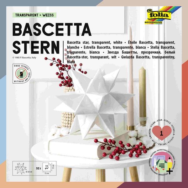 Produktbild: Folia Bascetta-Stern Set, TRANSPARENTPAPIER 115g/m&sup2;, 15x15cm, 32 Blatt, wei&szlig;