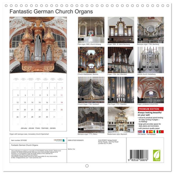 Produktbild: Fantastic German Church Organs (Wall Calendar 2026 12 &times; 12 Inch) CALVENDO 12 Month Wall Calendar