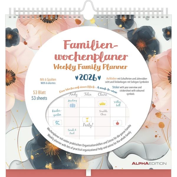 Produktbild: Familien Wochenkalender Flowers 2026 - Familien-Timer - Termin-Planer - Kinder-Kalender - Familien-Kalender - 30,5x30,5