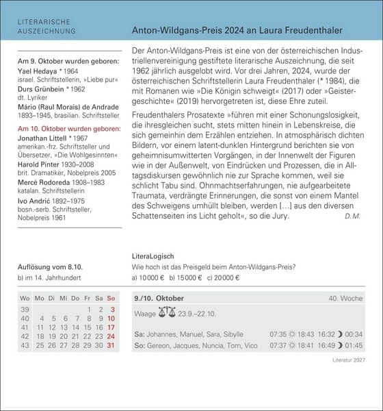 Produktbild: Literatur Tagesabrei&szlig;kalender 2027 - Kulturkalender - Autoren, Werke, H&ouml;rb&uuml;cher