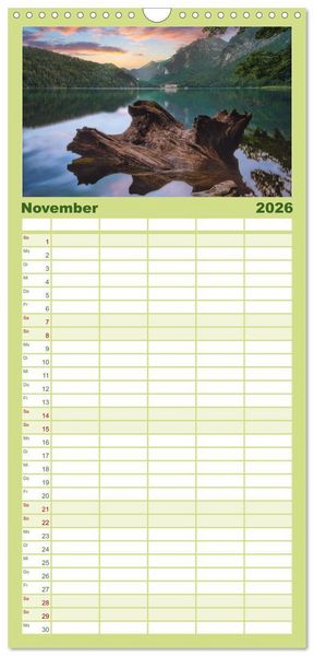 Produktbild: Familienplaner 2026 - Verzauberte Bergwelten mit 5 Spalten (Wandkalender, 21 x 45 cm) CALVENDO