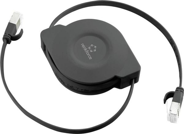 Produktbild: Renkforce RF-4476386 RJ45 Patchkabel CAT 6a U/FTP 1.50 m Schwarz Flache Ausf&uuml;hrung, inkl. Aufroller 1 St.
