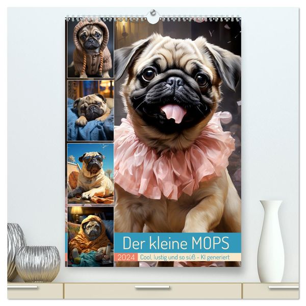 Der kleine Mops (hochwertiger Premium Wandkalender 2024 DIN A2 hoch), Kunstdruck in Hochglanz