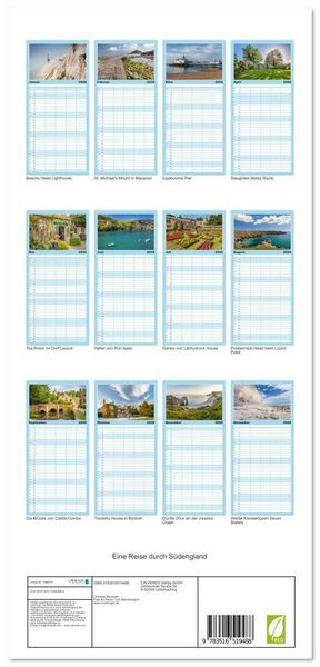 Produktbild: Familienplaner 2026 - Eine Reise durch S&uuml;dengland mit 5 Spalten (Wandkalender, 21 x 45 cm) CALVENDO