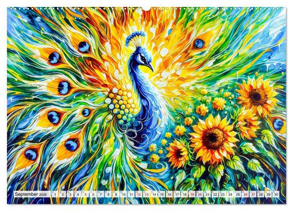 Produktbild: Tanz der Pfauen - Jahreszeiten in abstrakter Eleganz (hochwertiger Premium Wandkalender 2026 DIN A2 quer), Kunstdruck in Hochglanz