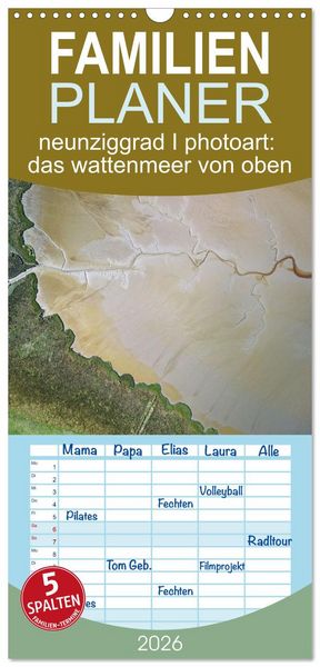 Produktbild: Familienplaner 2026 - neunziggrad I photoart: das wattenmeer von oben mit 5 Spalten (Wandkalender, 21 x 45 cm) CALVENDO